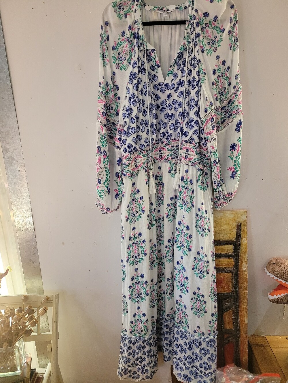 Chico's 3/16 Lukea White Maxi Dress Boho Peasant Blue Pink Floral Shell - Picture 6 of 7